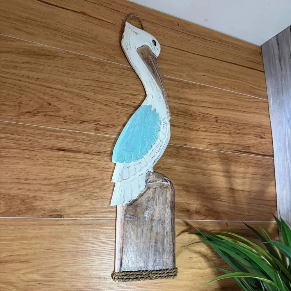 Hand Carved Wood Pelican Wall Plaque Aqua Coastal Rope Accent 24 Inch